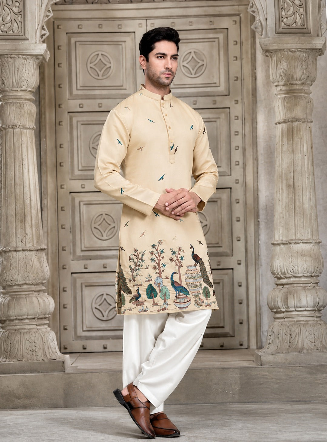 BEIGE TREE N PEACOCK DAMAN PRINTED WORK KURTA PAJAMA SET FOR MEN'S