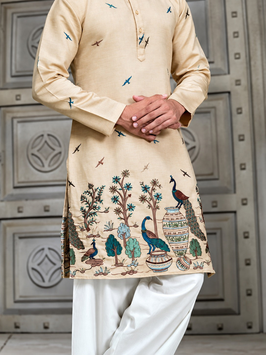 BEIGE TREE N PEACOCK DAMAN PRINTED WORK KURTA PAJAMA SET FOR MEN'S