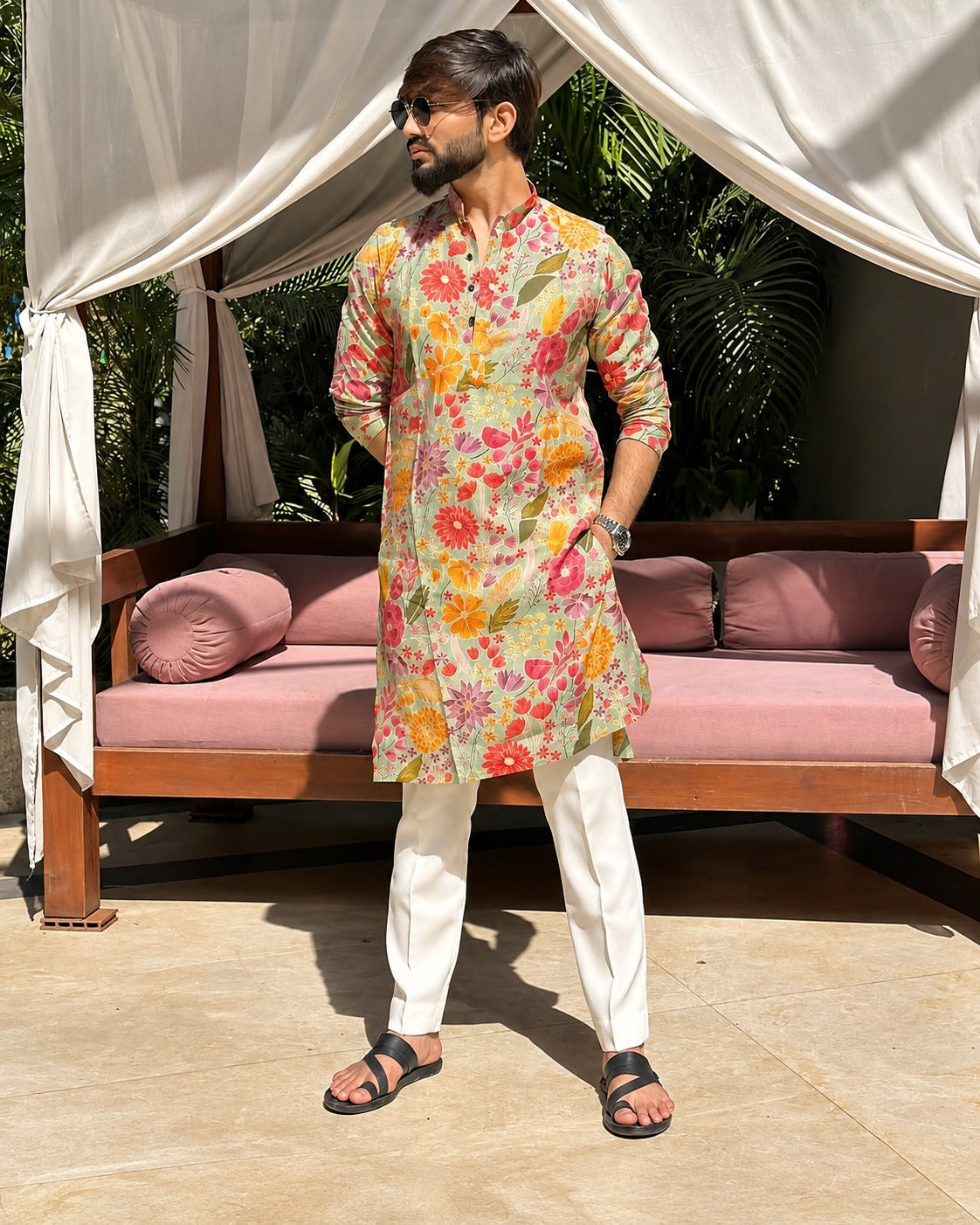 MULTI FLOWER PRINTED KURTA PAJAMA SET FOR MEN'S