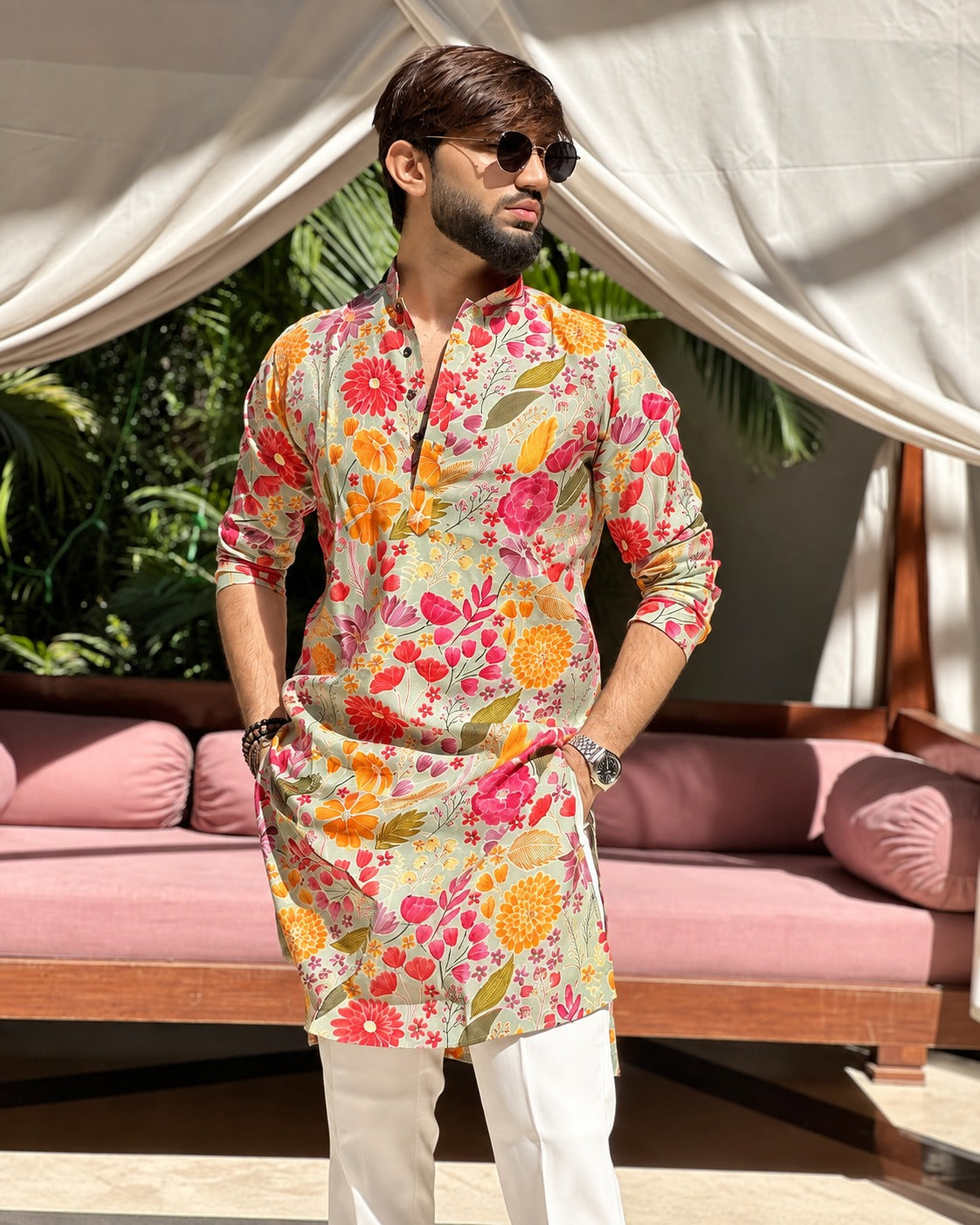 MULTI FLOWER PRINTED KURTA PAJAMA SET FOR MEN'S