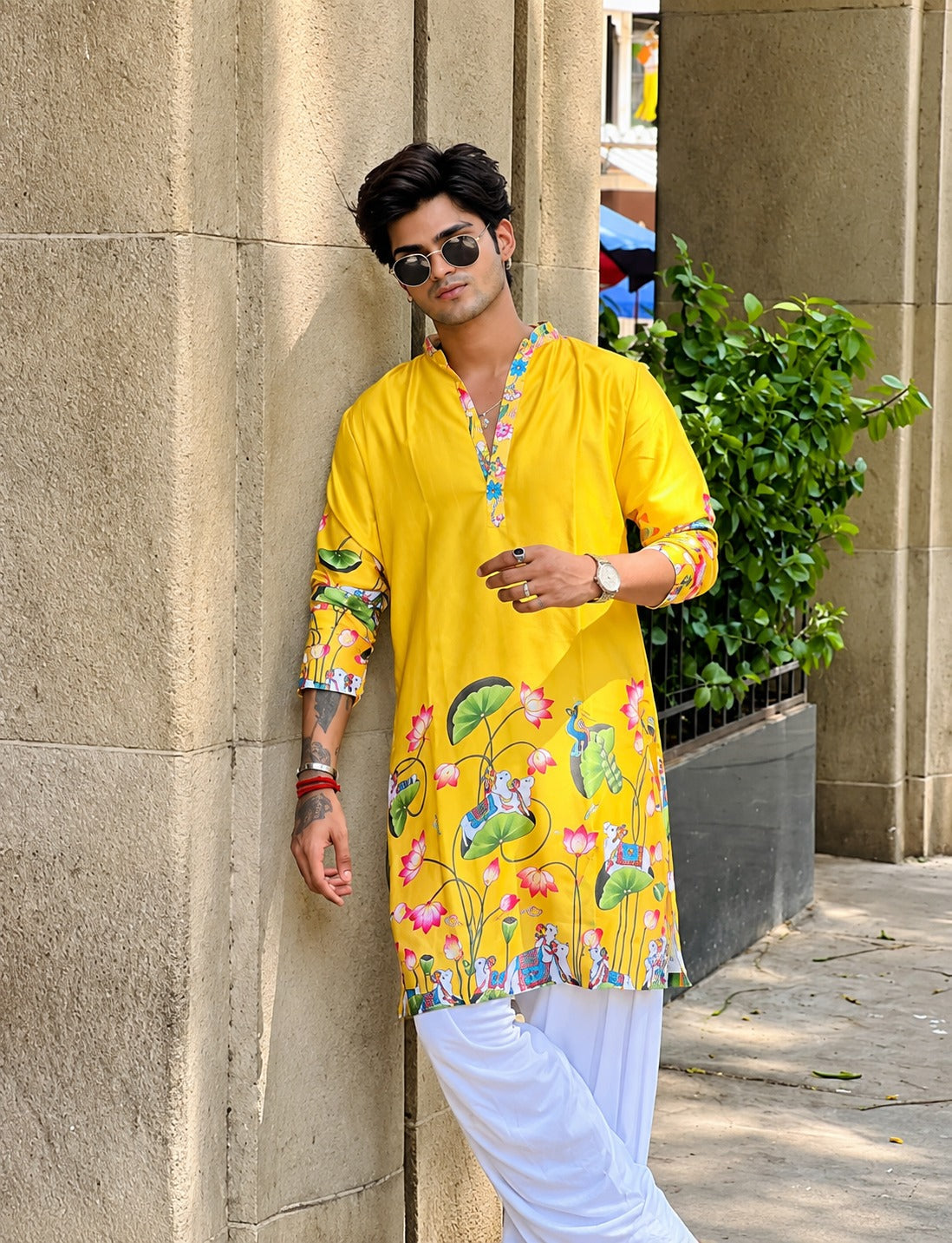 YELLOW PEACOCK COW N LOTUS PRINTED KURTA WITH PAJAMA SET