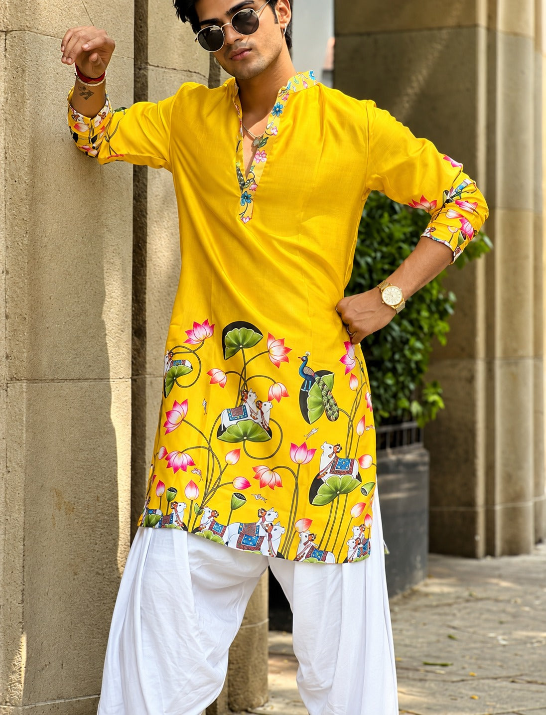 YELLOW PEACOCK COW N LOTUS PRINTED KURTA WITH PAJAMA SET