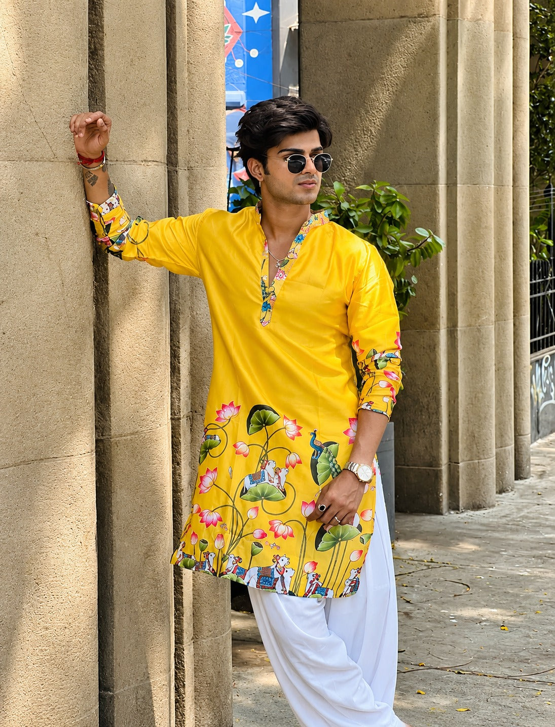 YELLOW PEACOCK COW N LOTUS PRINTED KURTA WITH PAJAMA SET