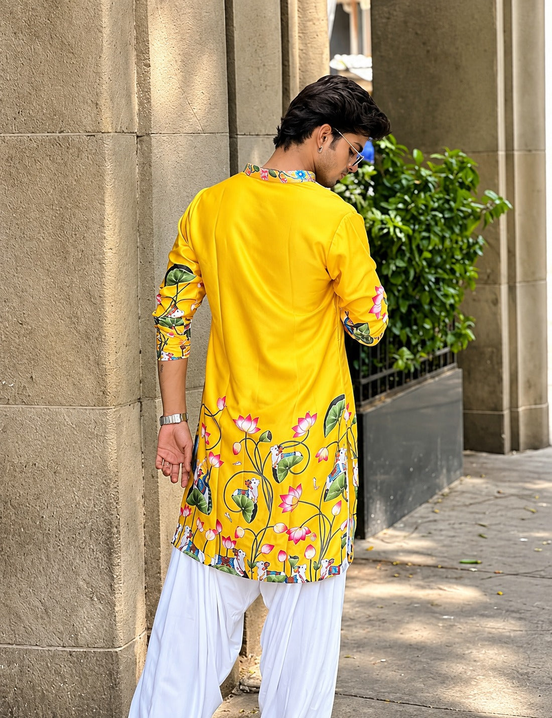 YELLOW PEACOCK COW N LOTUS PRINTED KURTA WITH PAJAMA SET